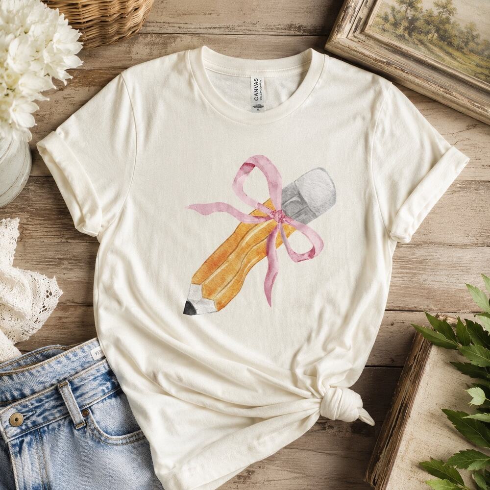 Pink Bow Pencil Teacher Back to School Graphic Tee XL Bella Canvas